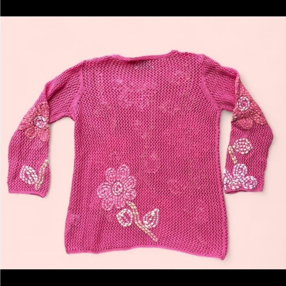 Y2K Sigrid Olsen Pink Knit Sweater w/ Floral Embroidery – Size S (2002) - Picture 2 of 8